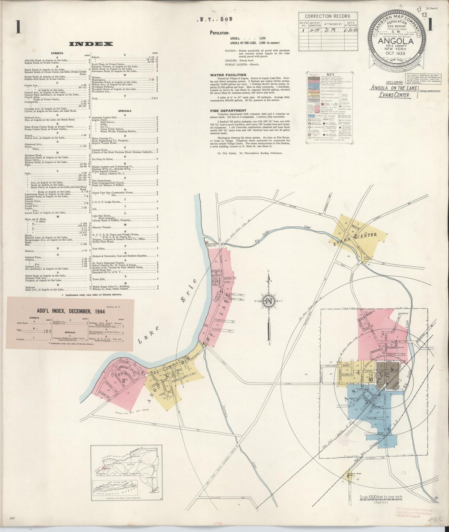 Sanborn Fire Insurance Map from Angola, Erie County, New York (1944), Sheet #0001 - Complete Map Set gallery image, historic Sanborn map, vintage wall art, New York New York