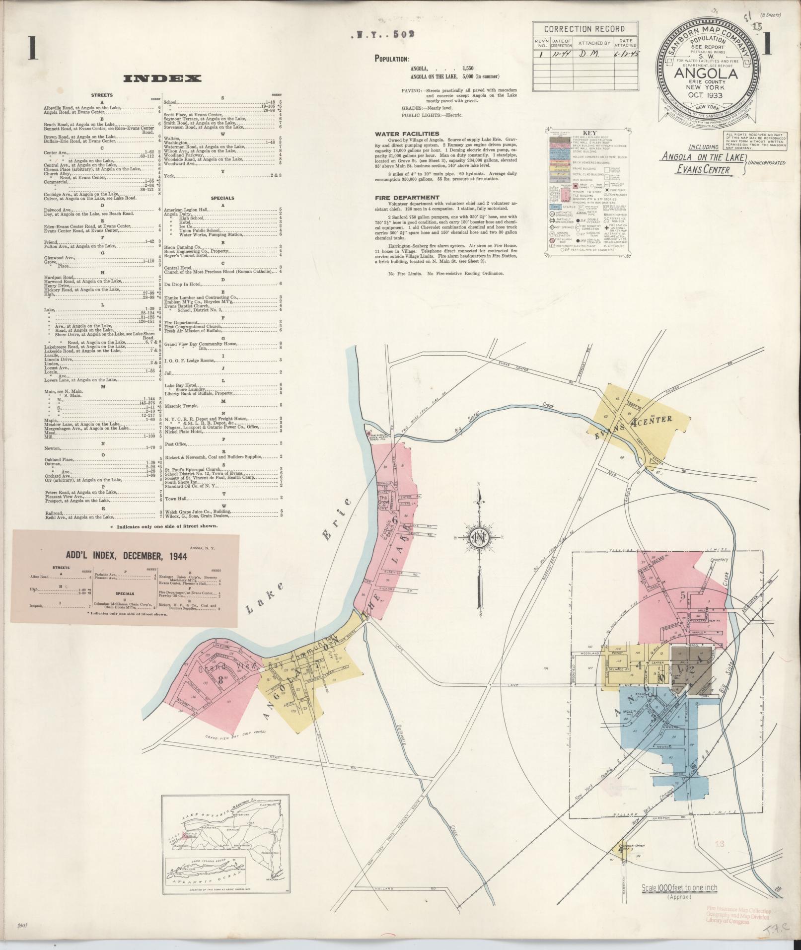 Sanborn Fire Insurance Map from Angola, Erie County, New York (1944), Sheet #0001 - Complete Map Set gallery image, historic Sanborn map, vintage wall art, New York New York