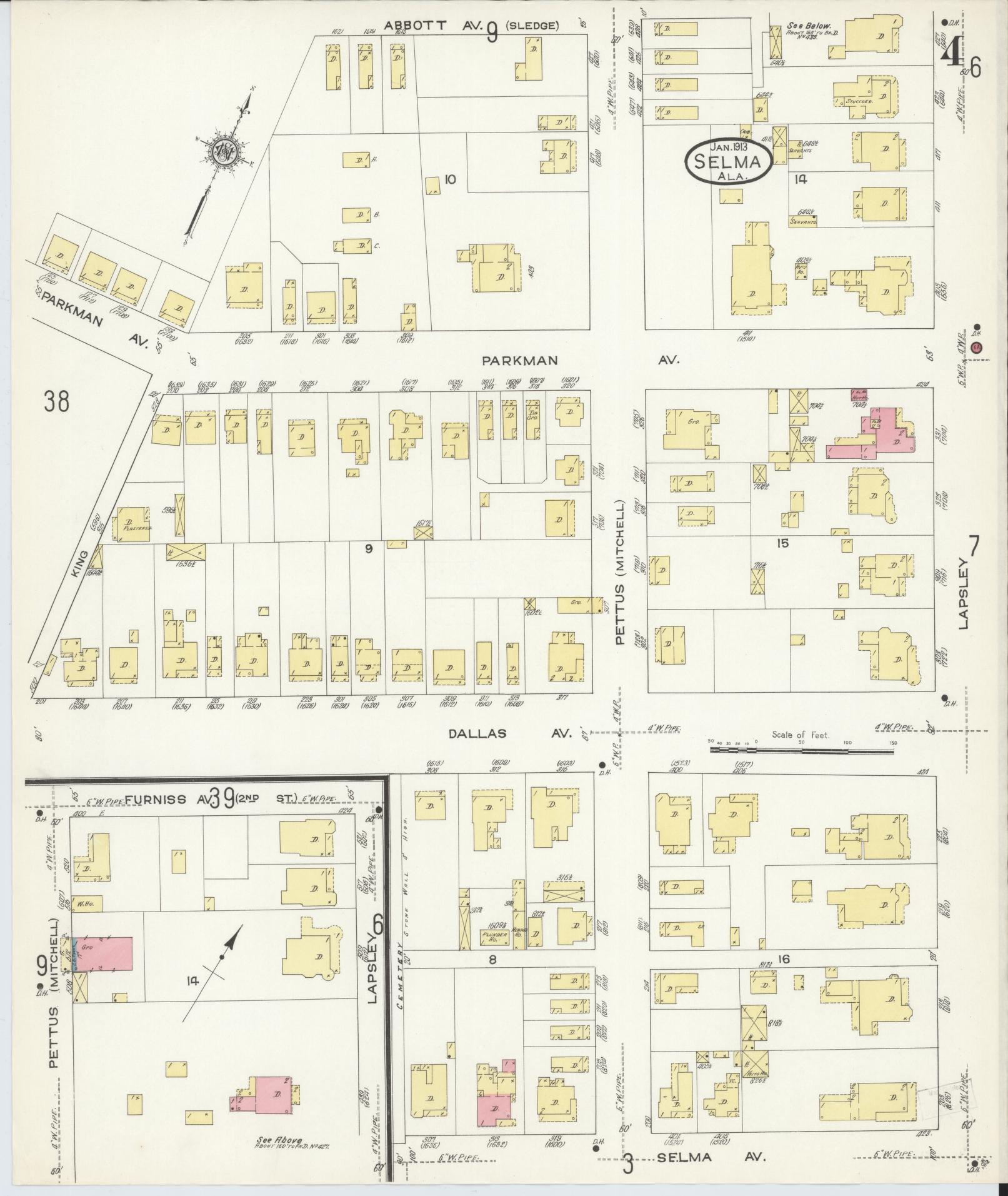 Sanborn Fire Insurance Map from Selma, Dallas County, Alabama (1913), Sheet #0004 - Historic Sanborn Fire Insurance Map Print, vintage old map wall art, antique decor, genealogy gift, Alabama Alabama map