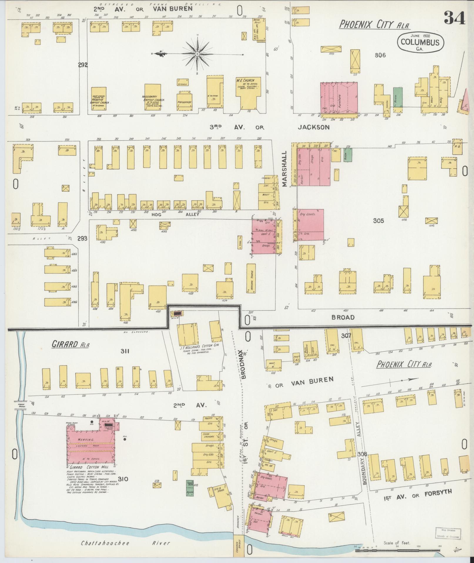 Sanborn Fire Insurance Map from Columbus, Muscogee County, Georgia (1900), Sheet #0034 - Complete Map Set gallery image, historic Sanborn map, vintage wall art, Georgia Georgia