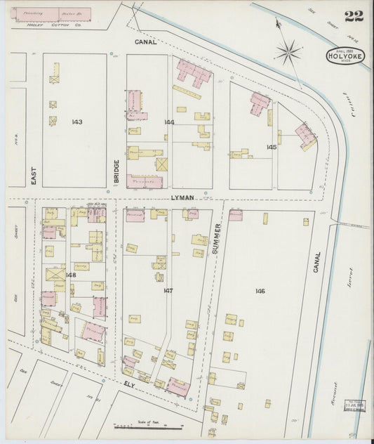 Sanborn Fire Insurance Map from Holyoke, Hampden County, Massachusetts (1889), Sheet #0022 - Historic Sanborn Fire Insurance Map Print, vintage old map wall art, antique decor, genealogy gift, Massachusetts Massachusetts map