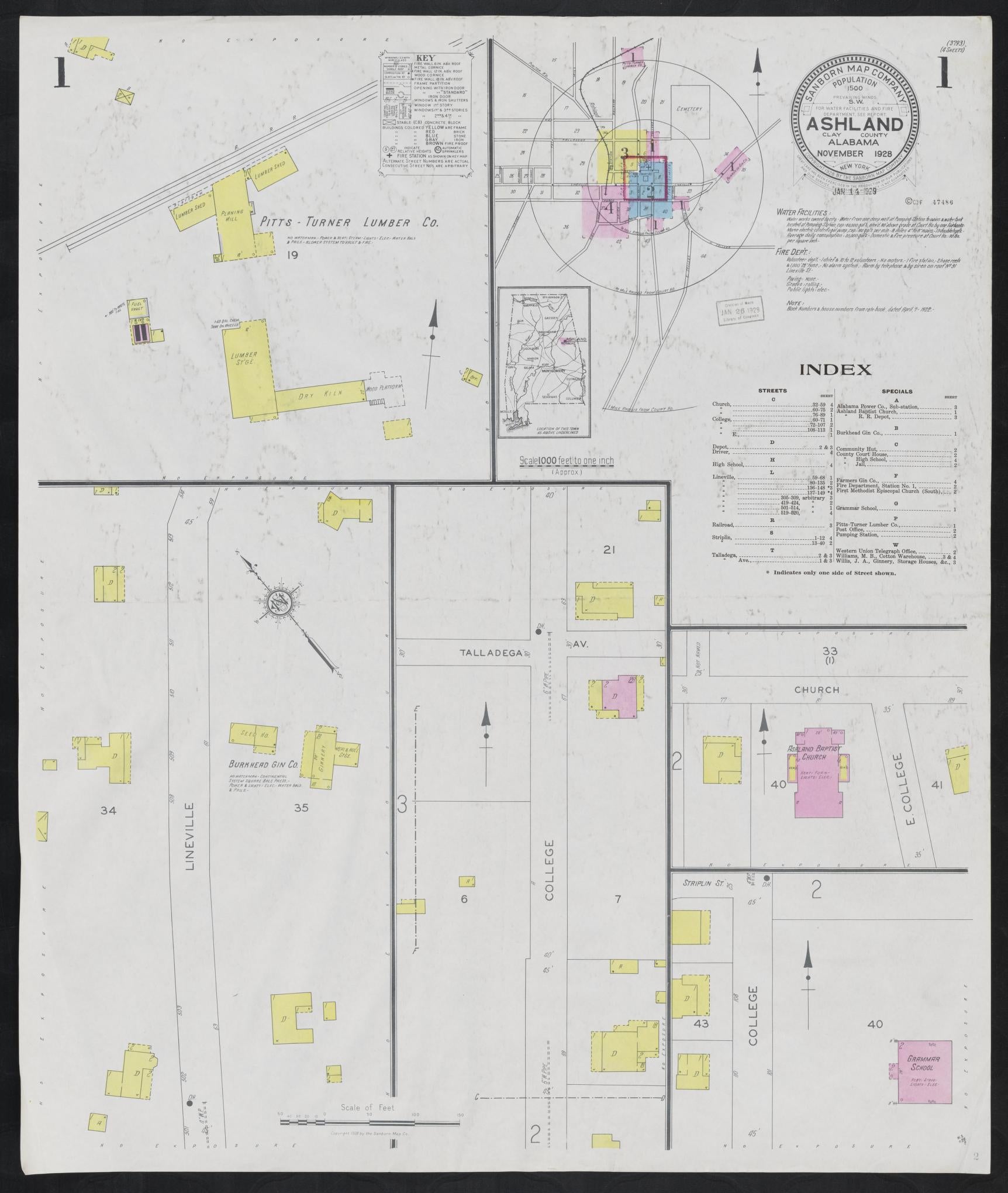 Sanborn Fire Insurance Map from Ashland, Clay County, Alabama (1928), Sheet #0001 - Historic Sanborn Fire Insurance Map Print, vintage old map wall art, antique decor, genealogy gift, Alabama Alabama map