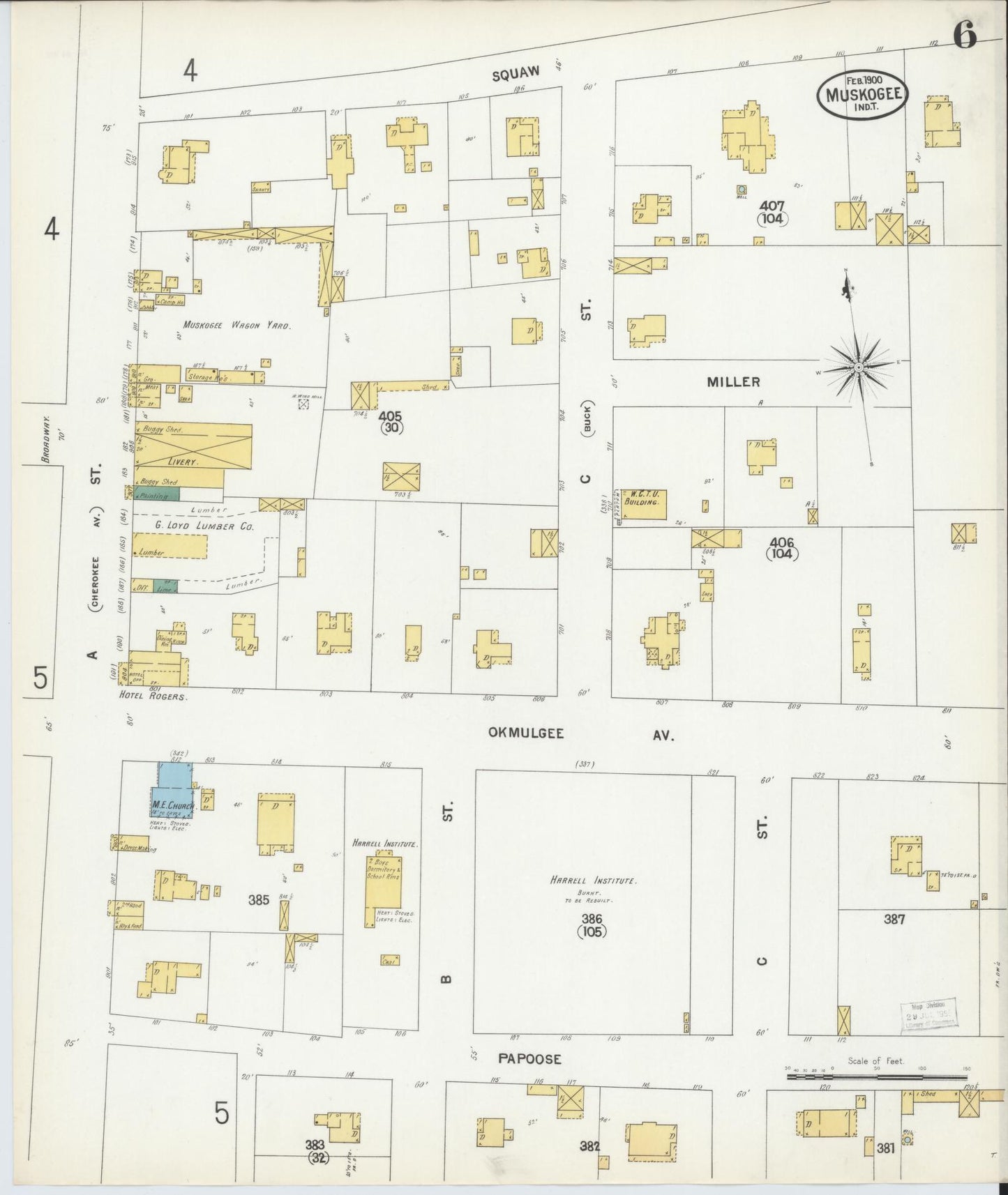 Sanborn Fire Insurance Map from Muskogee, Muskogee County, Oklahoma (1900), Sheet #0006 - Complete Map Set gallery image, historic Sanborn map, vintage wall art, Oklahoma Oklahoma