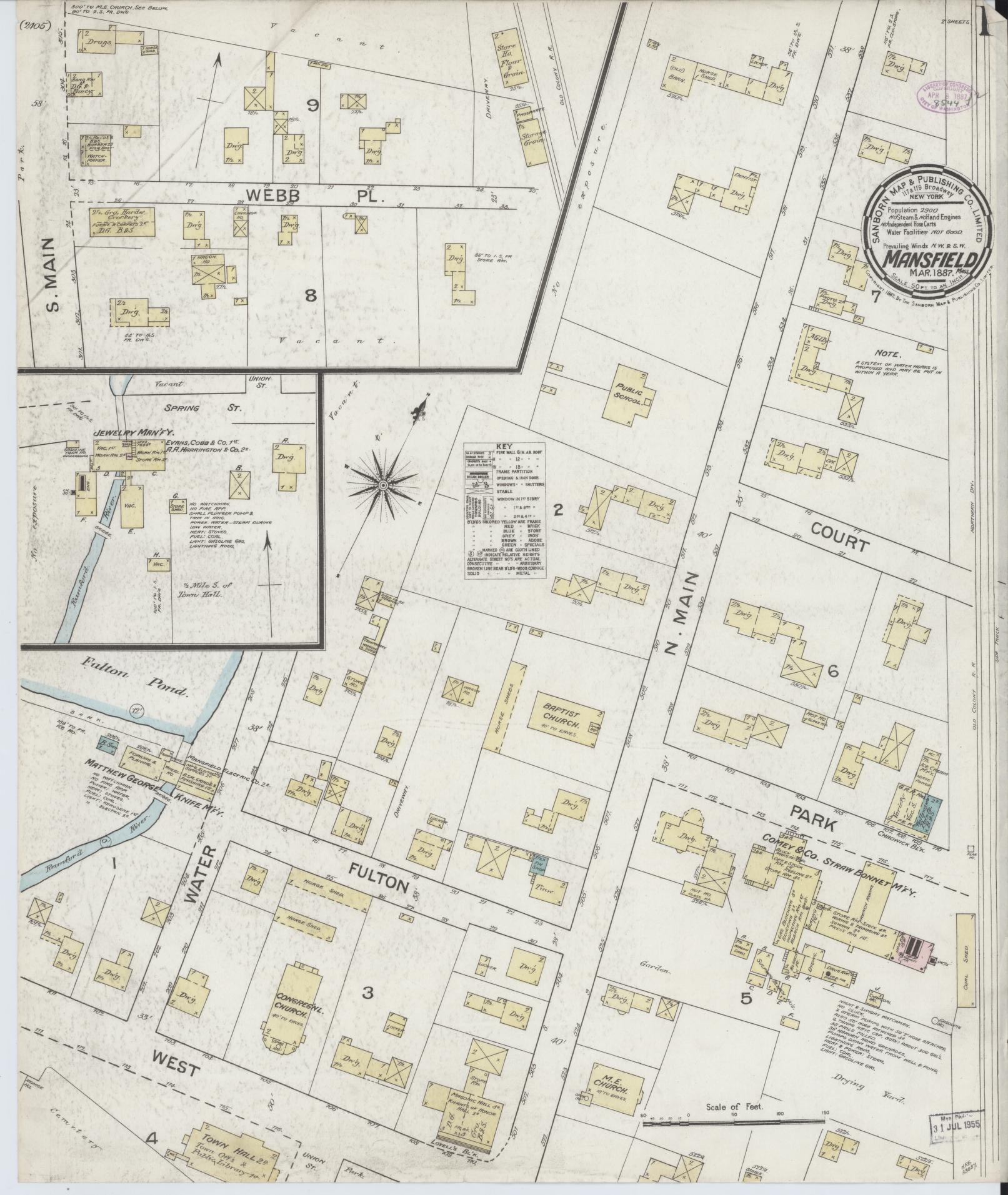 Sanborn Fire Insurance Map from Mansfield, Bristol County, Massachusetts (1887), Sheet #0001 - Historic Sanborn Fire Insurance Map Print, vintage old map wall art, antique decor, genealogy gift, Massachusetts Massachusetts map