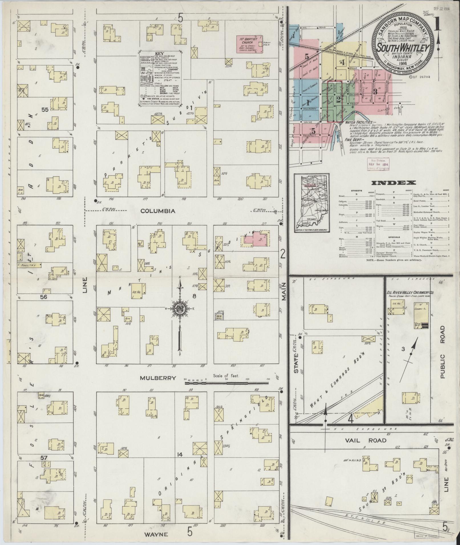 Sanborn Fire Insurance Map from South Whitley, Whitley County, Indiana (1914), Sheet #0001 - Complete Map Set gallery image, historic Sanborn map, vintage wall art, Indiana Indiana