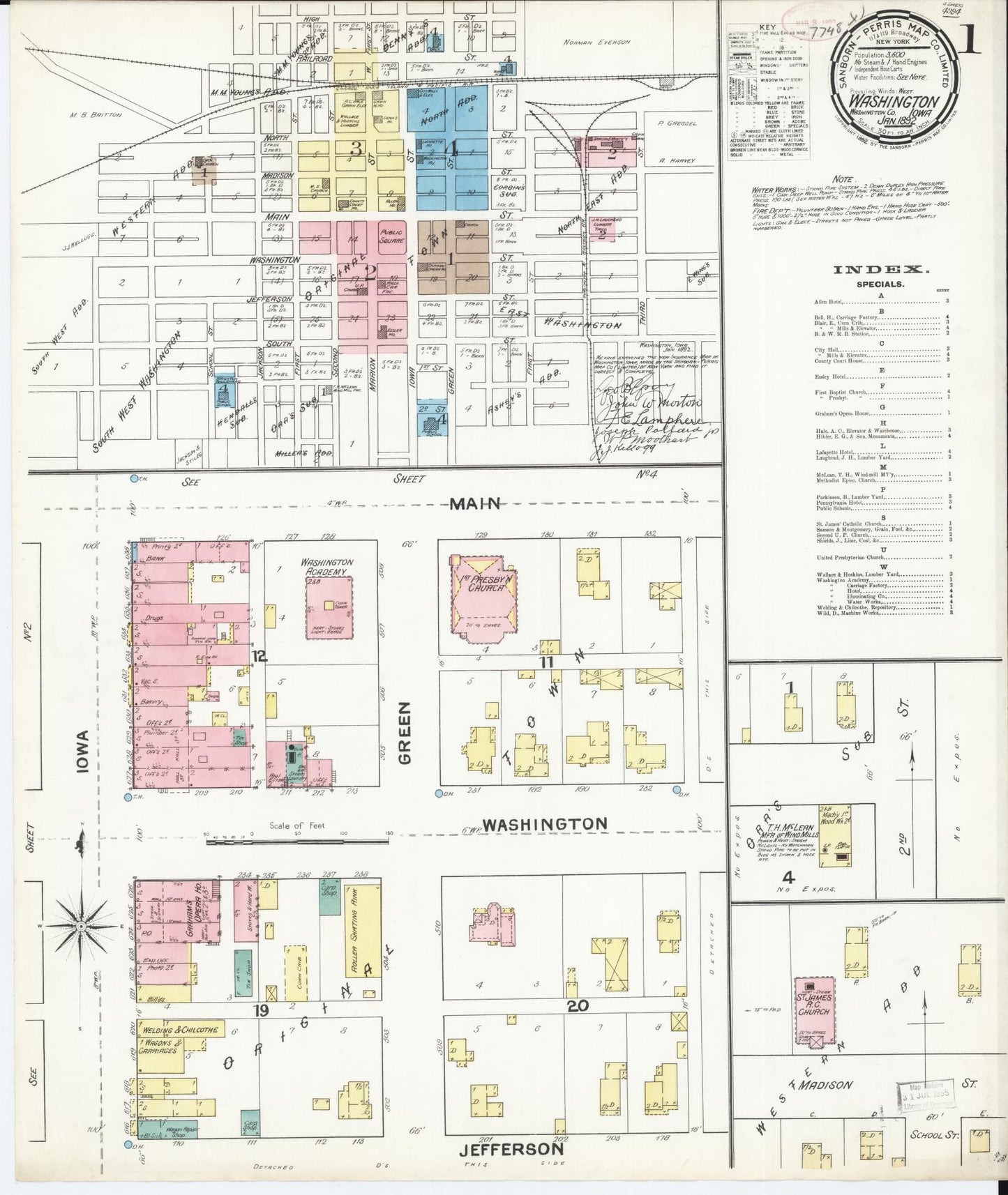 Sanborn Fire Insurance Map from Washington, Washington County, Iowa (1892), Sheet #0001 - Historic Sanborn Fire Insurance Map Print, vintage old map wall art, antique decor, genealogy gift, Sanborn Fire Insurance Map from Washington Washington map