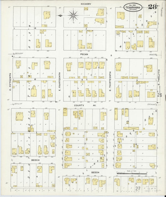 Sanborn Fire Insurance Map from Texarkana, Bowie County, Texas (1909), Sheet #0028 - Historic Sanborn Fire Insurance Map Print, vintage old map wall art, antique decor, genealogy gift, Texas Texas map