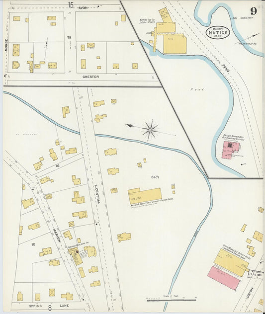Sanborn Fire Insurance Map from Natick, Middlesex County, Massachusetts (1904), Sheet #0009 - Historic Sanborn Fire Insurance Map Print, vintage old map wall art, antique decor, genealogy gift, Massachusetts Massachusetts map