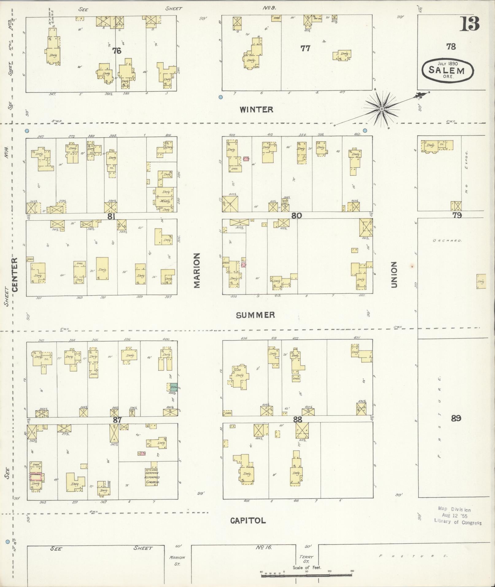 Sanborn Fire Insurance Map from Salem, Marion County, Oregon (1890), Sheet #0013 - Complete Map Set gallery image, historic Sanborn map, vintage wall art, Oregon Oregon