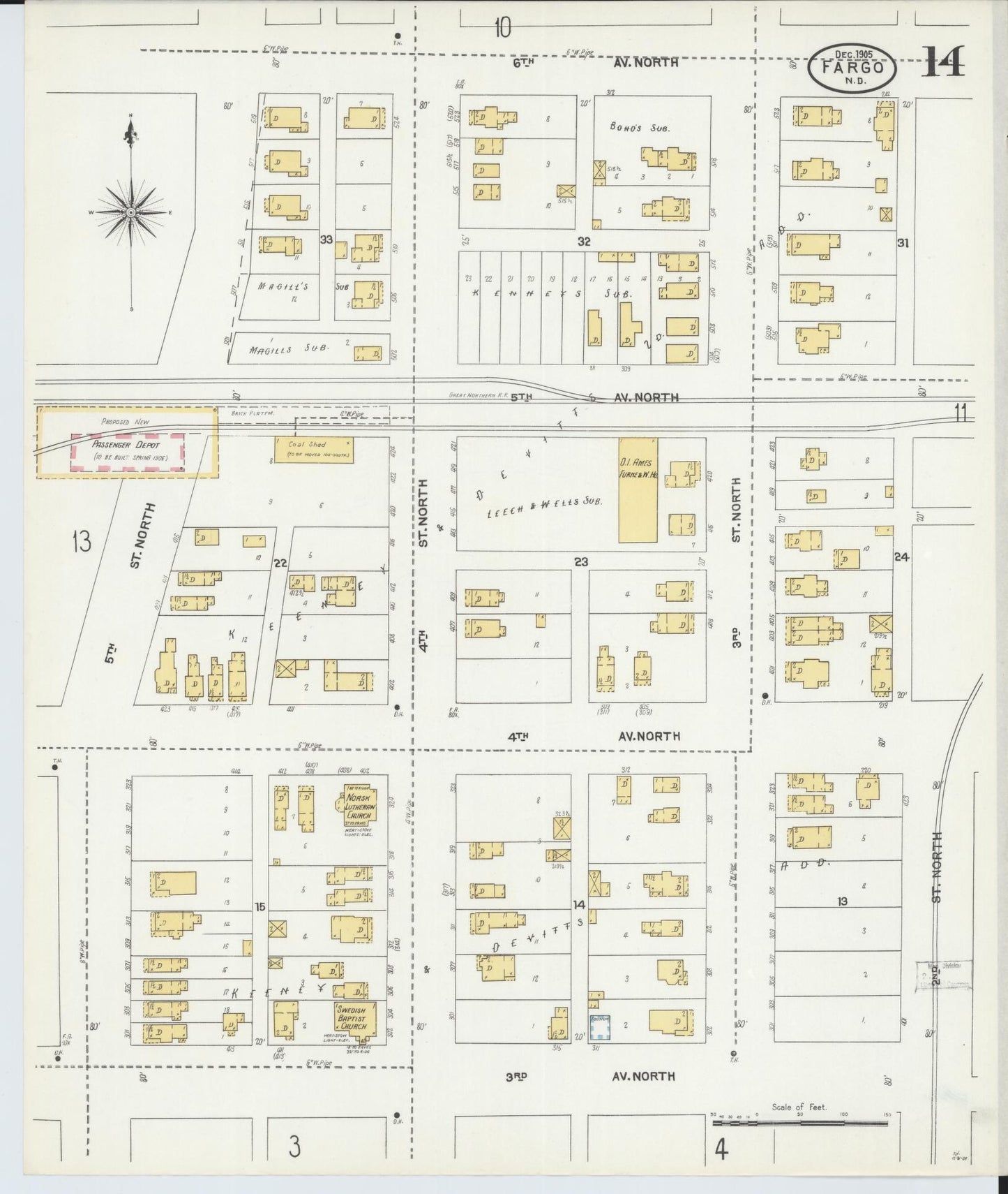 Sanborn Fire Insurance Map from Fargo, Cass County, North Dakota (1905), Sheet #0014 - Historic Sanborn Fire Insurance Map Print, vintage old map wall art, antique decor, genealogy gift, North Dakota North Dakota map