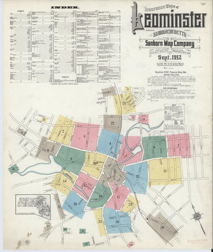Sanborn Fire Insurance Map from Leominster, Worcester County, Massachusetts (1912), Sheet #0001 - Complete Map Set gallery image, historic Sanborn map, vintage wall art, Massachusetts Massachusetts