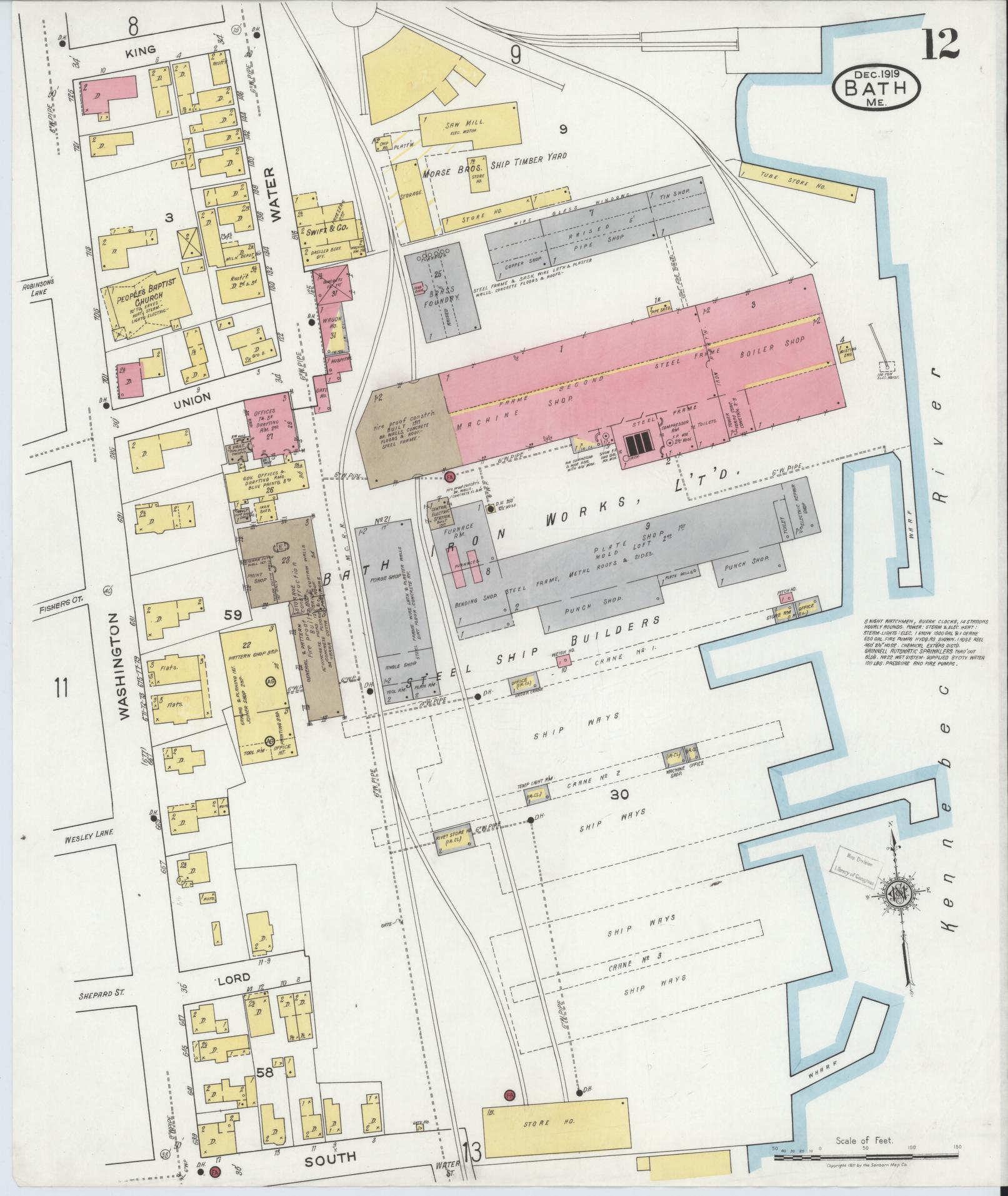 Sanborn Fire Insurance Map from Bath, Sagadahoc County, Maine (1919), Sheet #0012 - Complete Map Set gallery image, historic Sanborn map, vintage wall art, Maine Maine