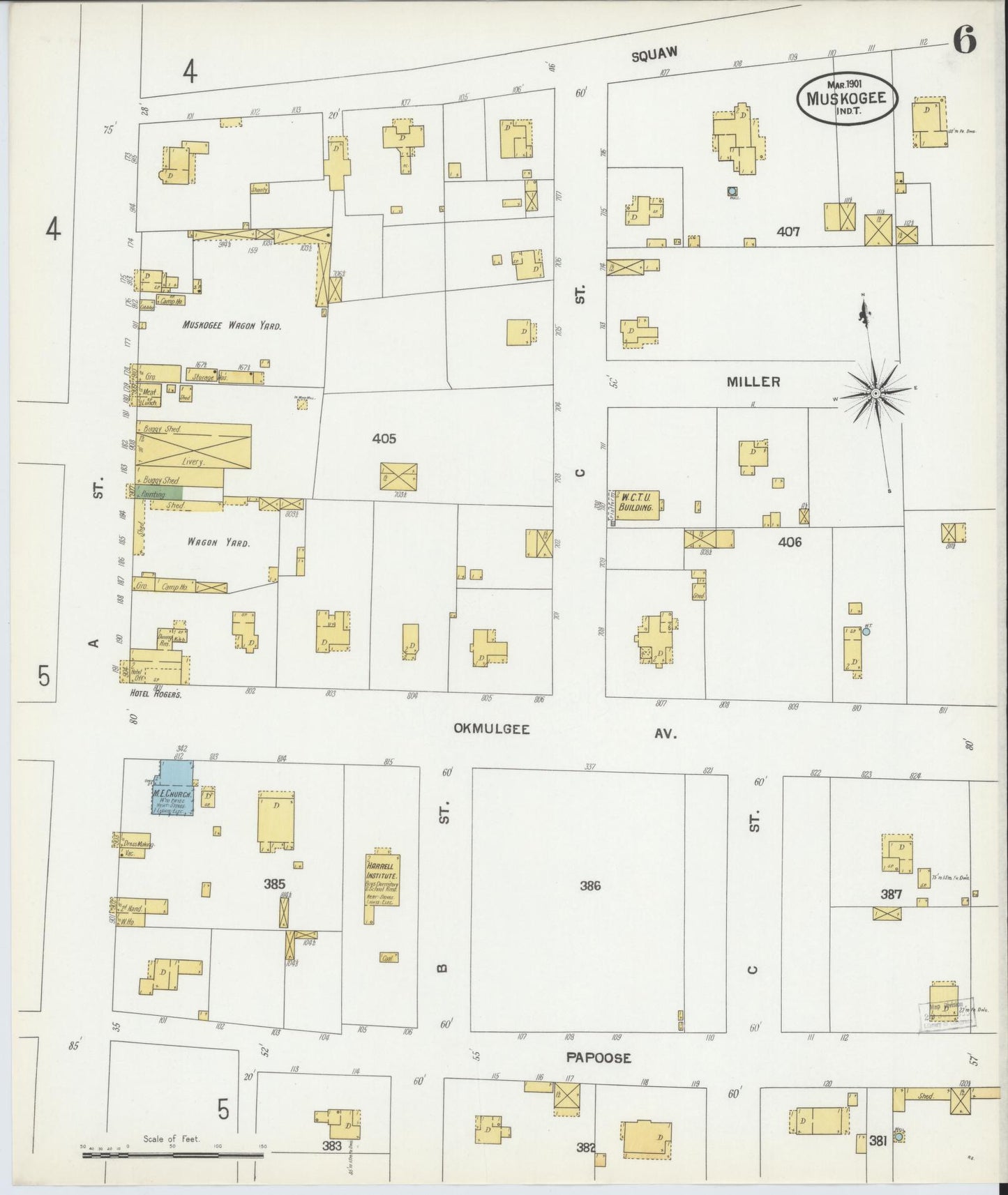Sanborn Fire Insurance Map from Muskogee, Muskogee County, Oklahoma (1901), Sheet #0006 - Complete Map Set gallery image, historic Sanborn map, vintage wall art, Oklahoma Oklahoma