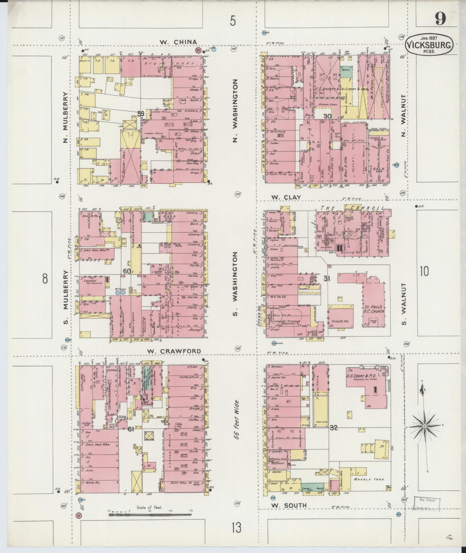 Sanborn Fire Insurance Map from Vicksburg, Warren County, Mississippi (1897), Sheet #0009 - Complete Map Set gallery image, historic Sanborn map, vintage wall art, Mississippi Mississippi
