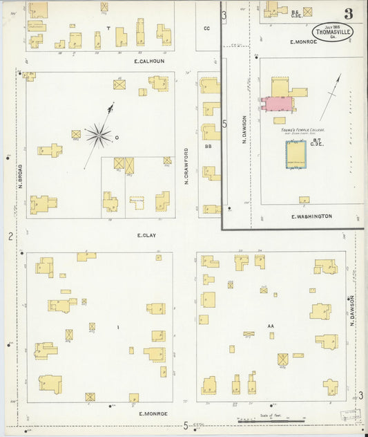 Sanborn Fire Insurance Map from Thomasville, Thomas County, Georgia (1905), Sheet #0003 - Historic Sanborn Fire Insurance Map Print, vintage old map wall art, antique decor, genealogy gift, Georgia Georgia map