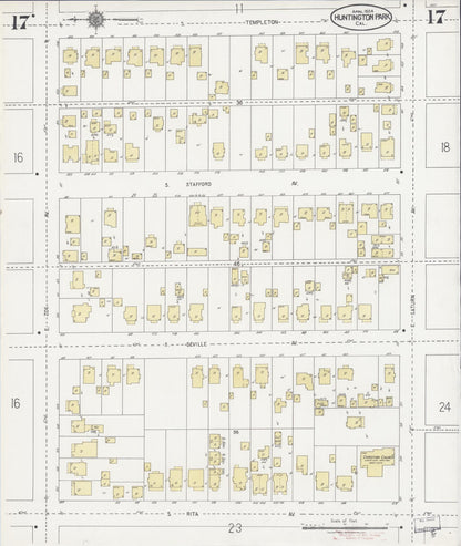 Sanborn Fire Insurance Map from Huntington Park, Los Angeles County, California (1924), Sheet #0017 - Historic Sanborn Fire Insurance Map Print, vintage old map wall art, antique decor, genealogy gift, California California map