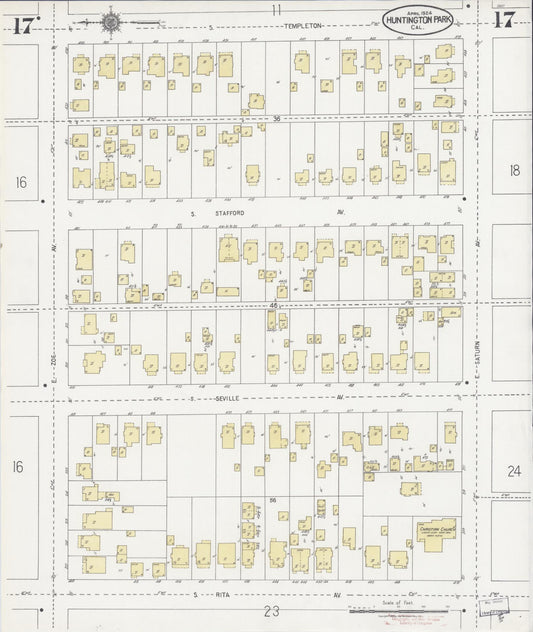 Sanborn Fire Insurance Map from Huntington Park, Los Angeles County, California (1924), Sheet #0017 - Historic Sanborn Fire Insurance Map Print, vintage old map wall art, antique decor, genealogy gift, California California map