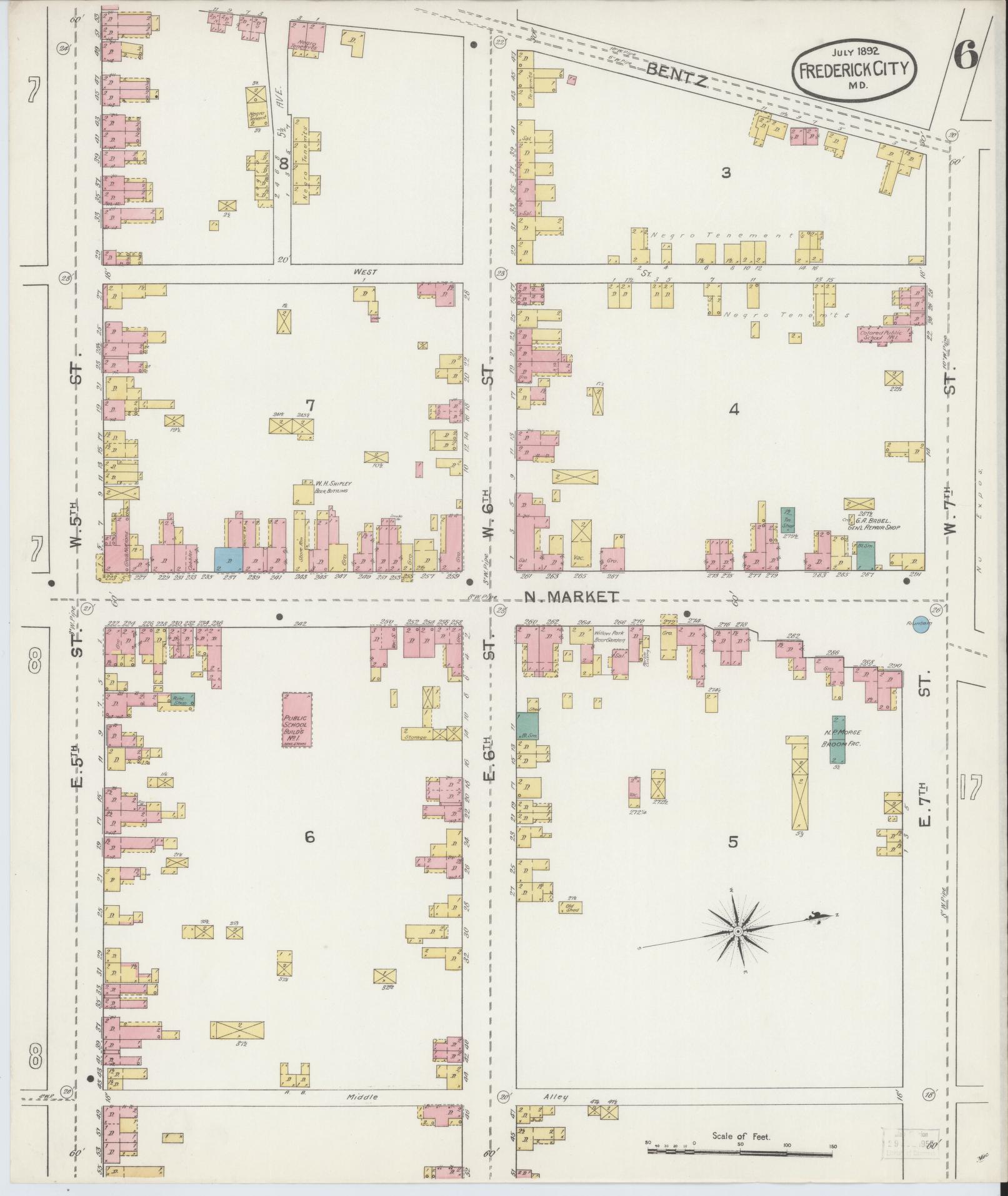 Frederick, Maryland - 1892 - Sanborn Fire Insurance Map, Sheet #0006 - Historic Sanborn Fire Insurance Map Print, Frederick Maryland 1892 0006 vintage old map wall art