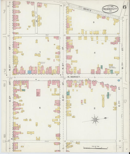 Frederick, Maryland - 1892 - Sanborn Fire Insurance Map, Sheet #0006 - Historic Sanborn Fire Insurance Map Print, Frederick Maryland 1892 0006 vintage old map wall art