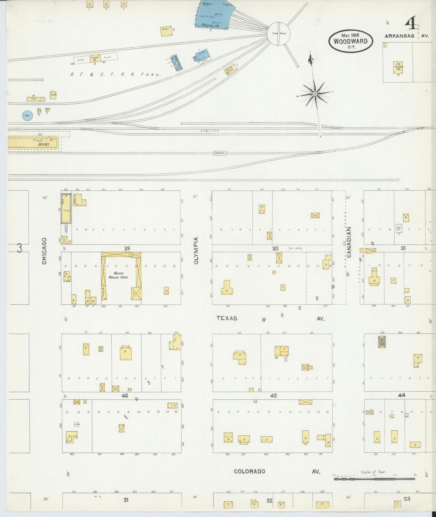 Sanborn Fire Insurance Map from Woodward, Woodward County, Oklahoma (1905), Sheet #0004 - Historic Sanborn Fire Insurance Map Print, vintage old map wall art, antique decor, genealogy gift, Oklahoma Oklahoma map