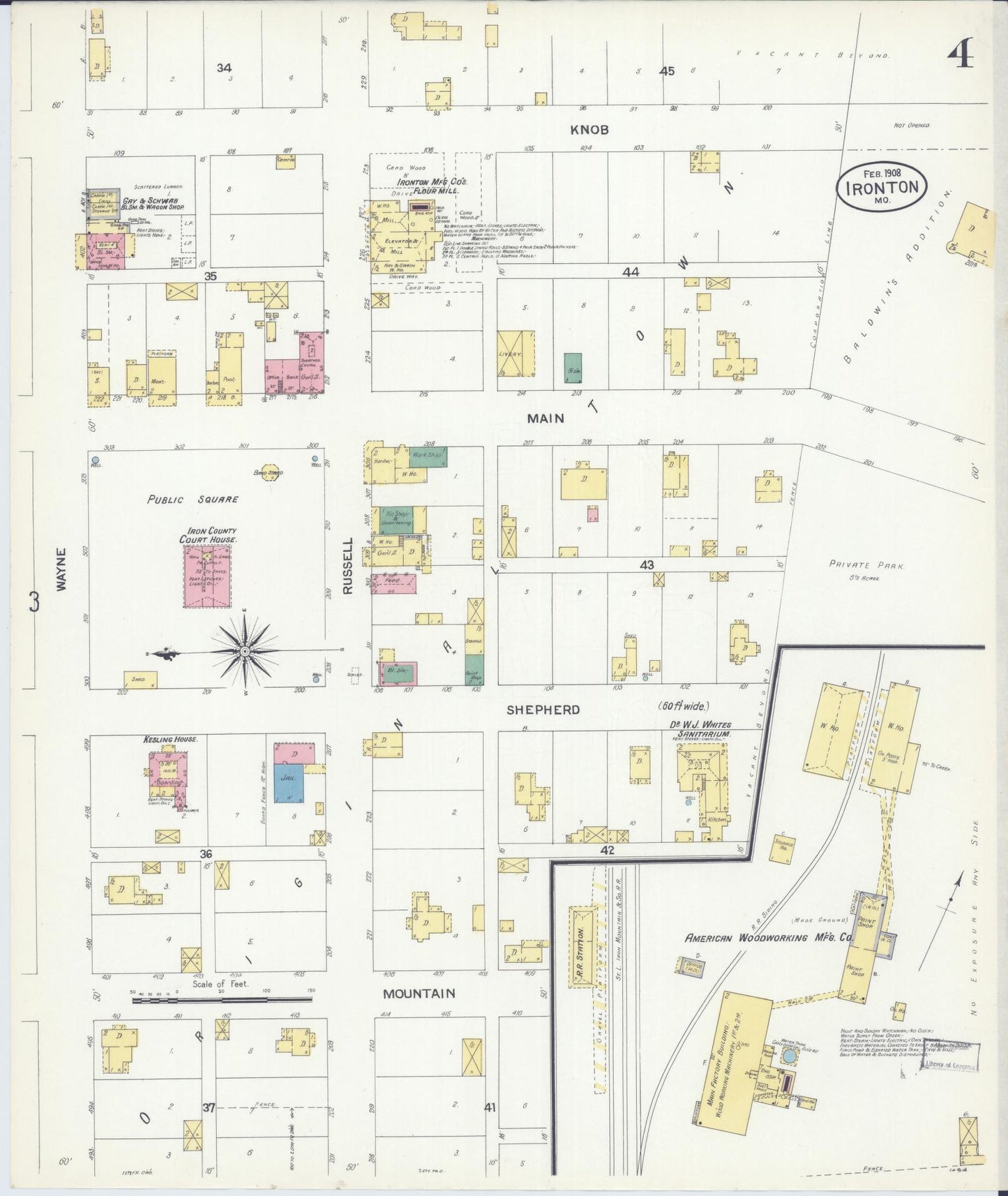 Sanborn Fire Insurance Map from Ironton, Iron County, Missouri (1908), Sheet #0004 - Historic Sanborn Fire Insurance Map Print, vintage old map wall art, antique decor, genealogy gift, Missouri Missouri map