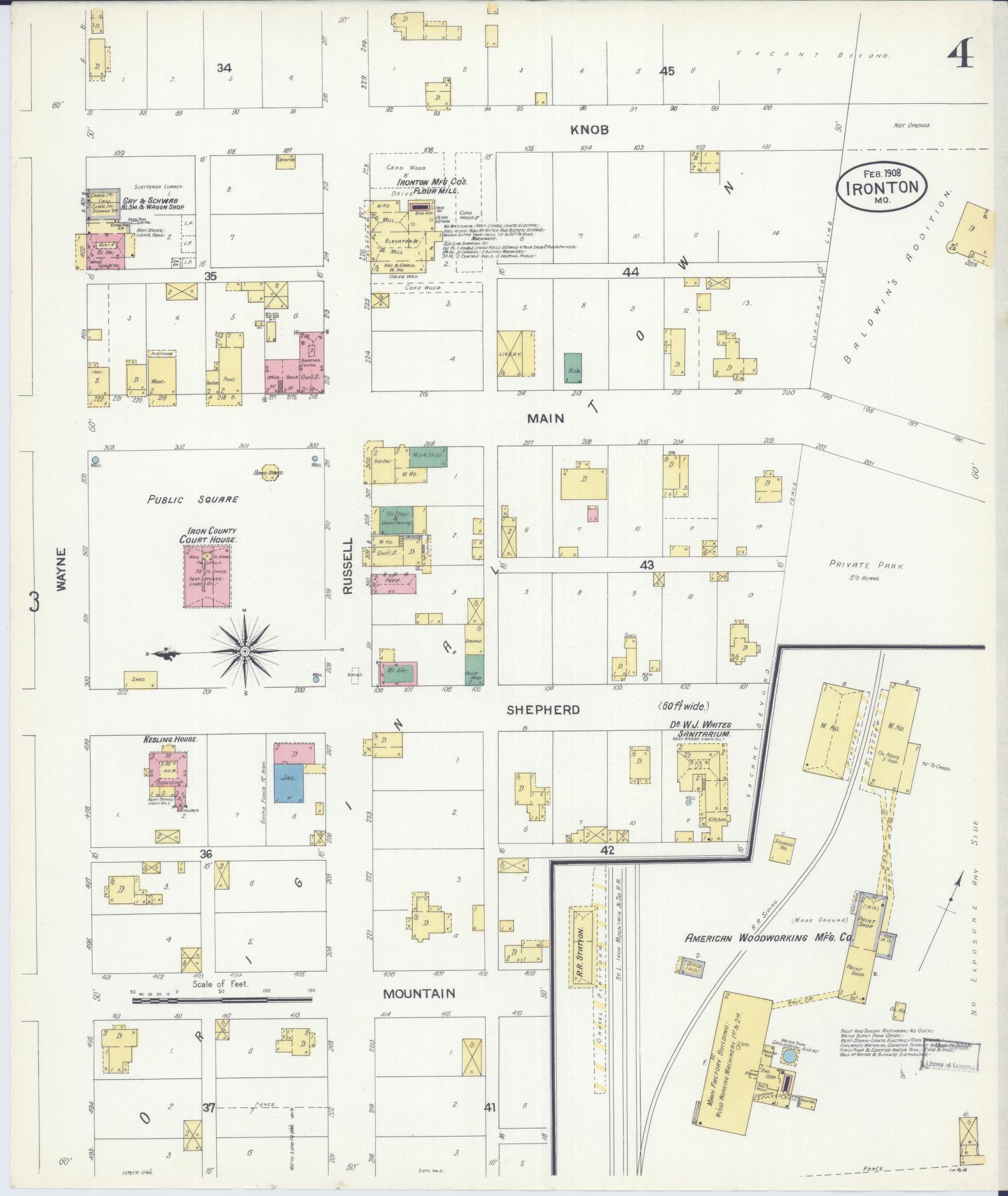 Sanborn Fire Insurance Map from Ironton, Iron County, Missouri (1908), Sheet #0004 - Historic Sanborn Fire Insurance Map Print, vintage old map wall art, antique decor, genealogy gift, Missouri Missouri map