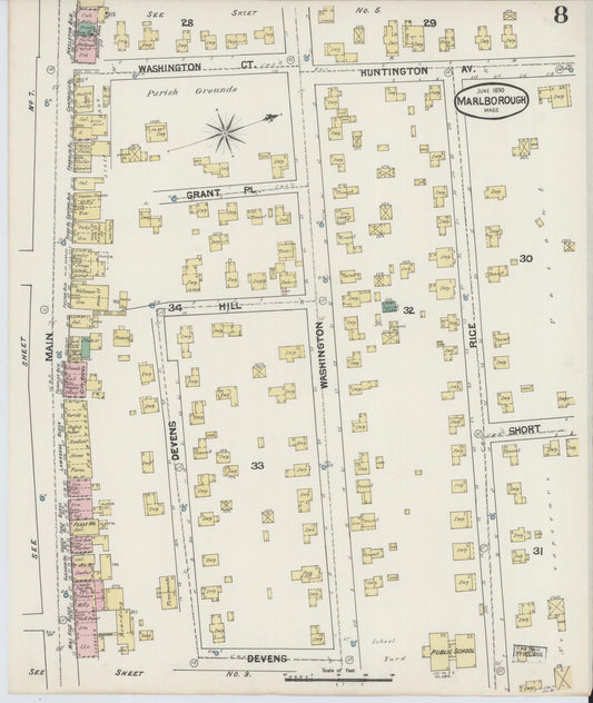 Sanborn Fire Insurance Map from Marlborough, Middlesex County, Massachusetts (1890), Sheet #0008 - Historic Sanborn Fire Insurance Map Print, vintage old map wall art, antique decor, genealogy gift, Massachusetts Massachusetts map
