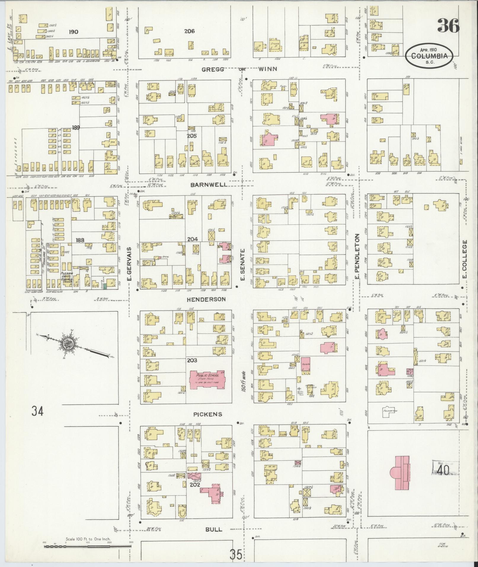 Sanborn Fire Insurance Map from Columbia, Richland County, South Carolina (1910), Sheet #0036 - Complete Map Set gallery image, historic Sanborn map, vintage wall art, South Carolina South Carolina