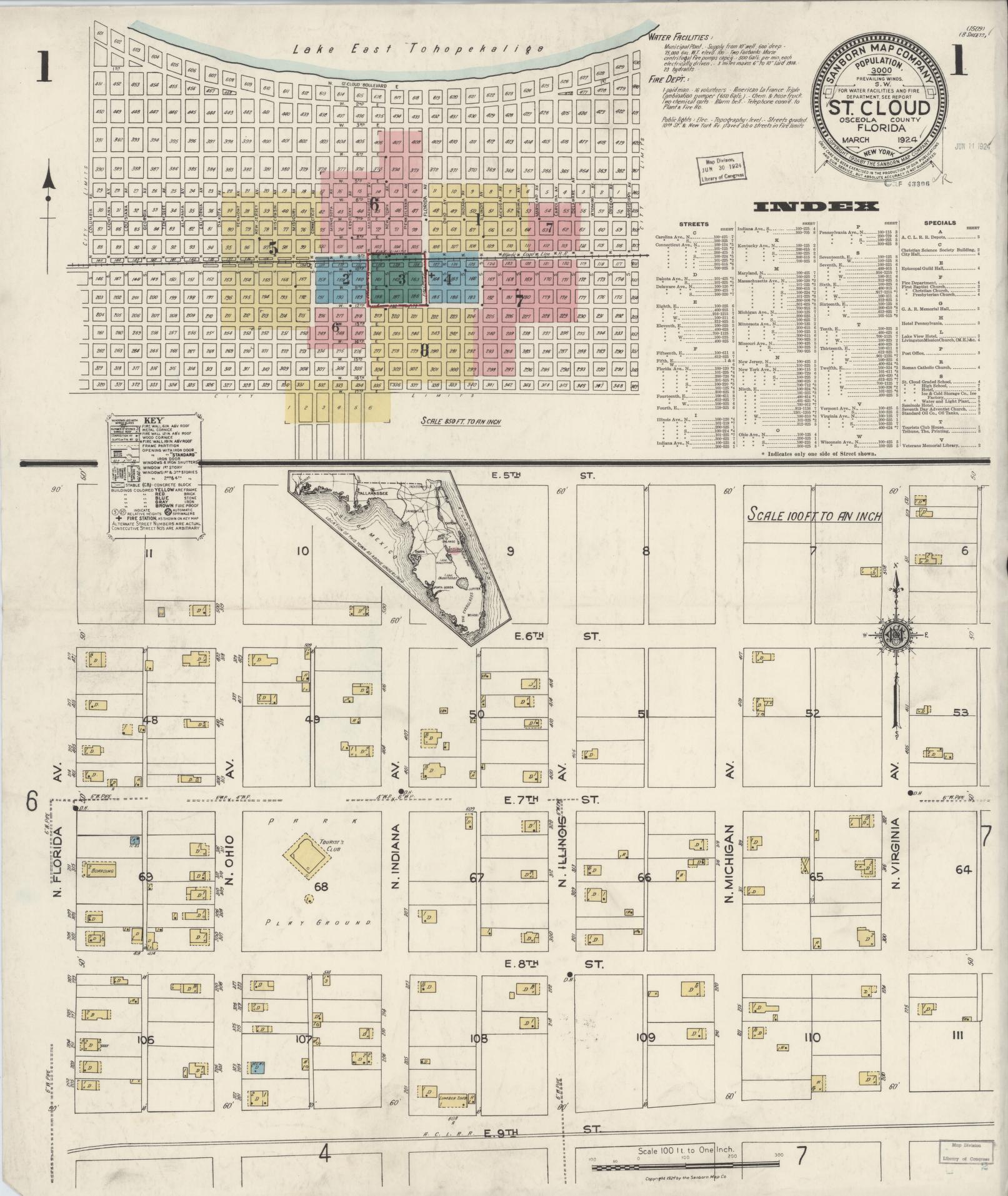Sanborn Fire Insurance Map from Saint Cloud, Osceola County, Florida (1924), Sheet #0001 - Complete Map Set gallery image, historic Sanborn map, vintage wall art, Florida Florida
