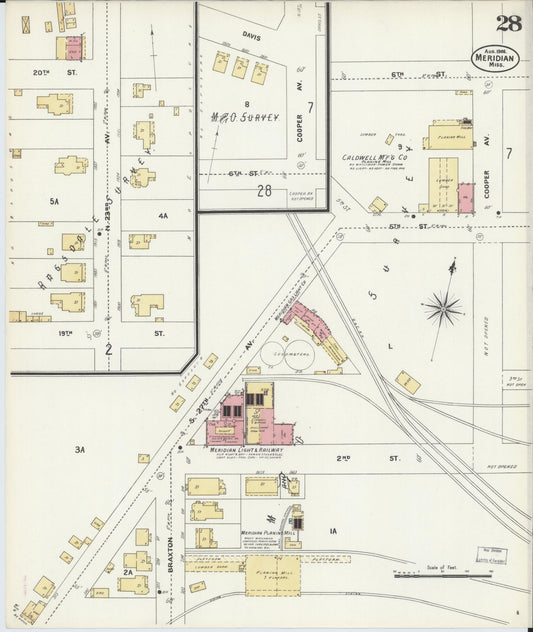 Sanborn Fire Insurance Map from Meridian, Lauderdale County, Mississippi (1906), Sheet #0028 - Historic Sanborn Fire Insurance Map Print, vintage old map wall art, antique decor, genealogy gift, Mississippi Mississippi map