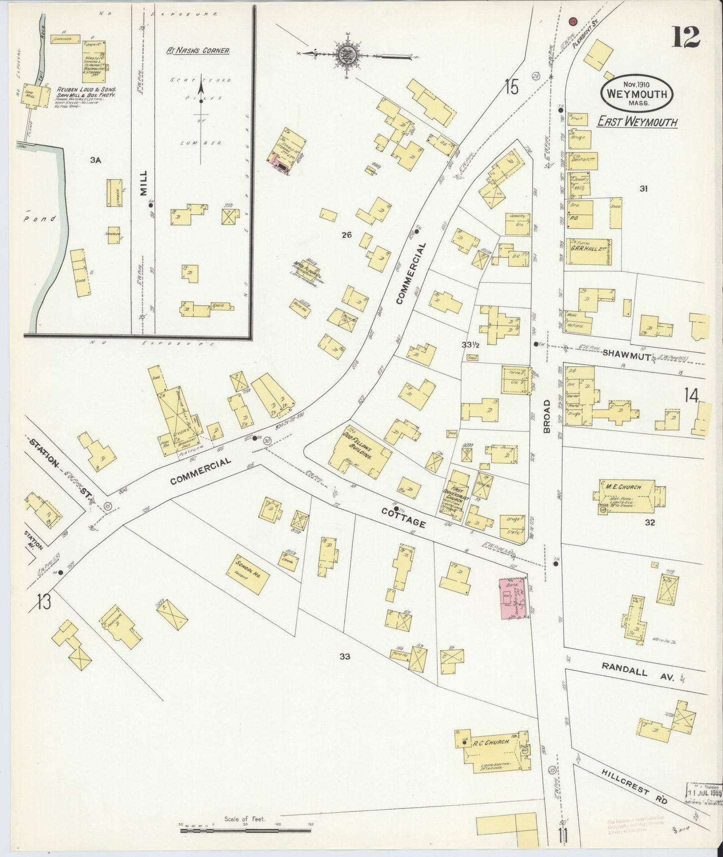 Sanborn Fire Insurance Map from Weymouth, Norfolk County, Massachusetts (1910), Sheet #0012 - Historic Sanborn Fire Insurance Map Print, vintage old map wall art, antique decor, genealogy gift, Massachusetts Massachusetts map