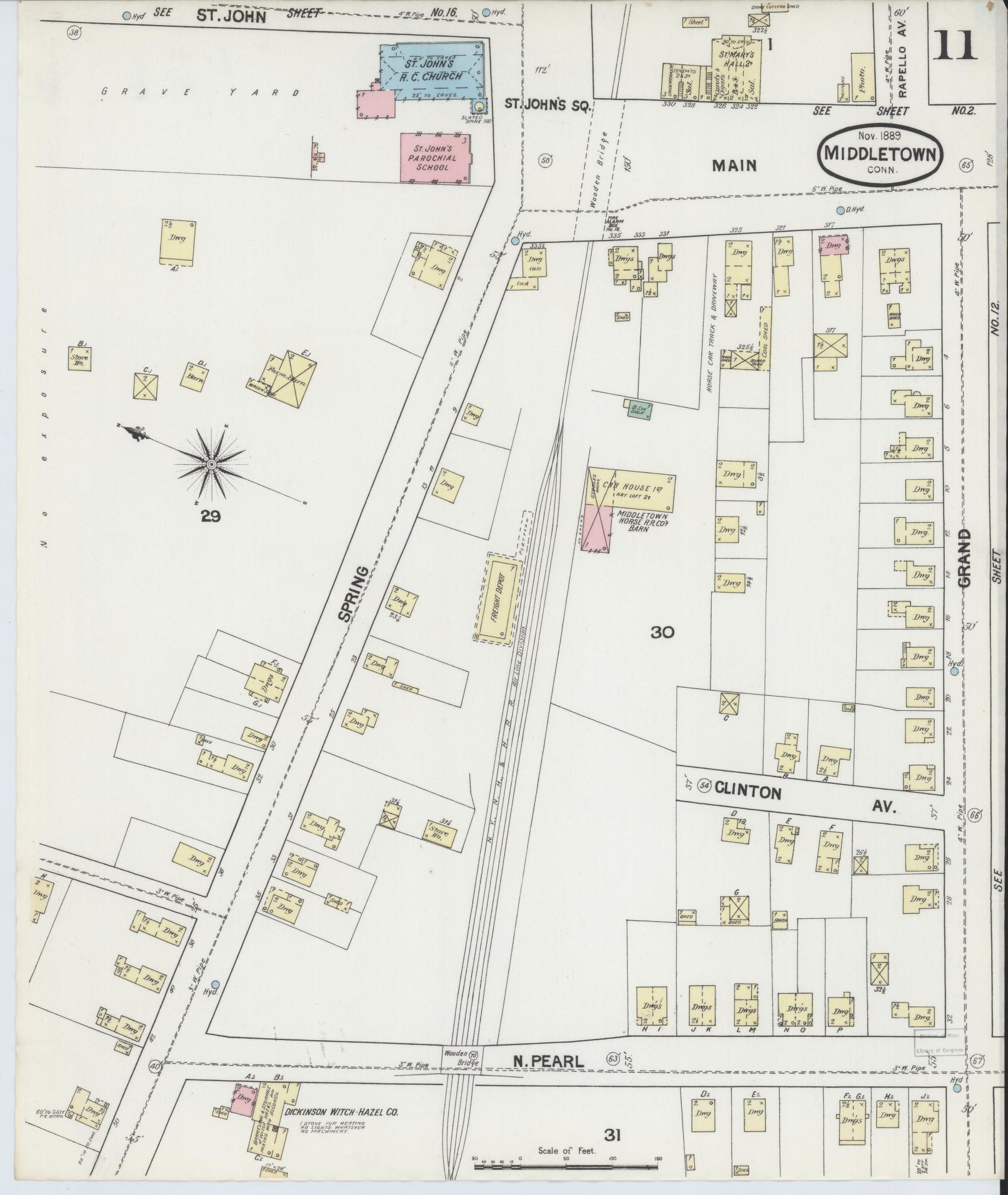 Sanborn Fire Insurance Map from Middletown, Middlesex County, Connecticut (1889), Sheet #0011 - Historic Sanborn Fire Insurance Map Print, vintage old map wall art, antique decor, genealogy gift, Connecticut Connecticut map