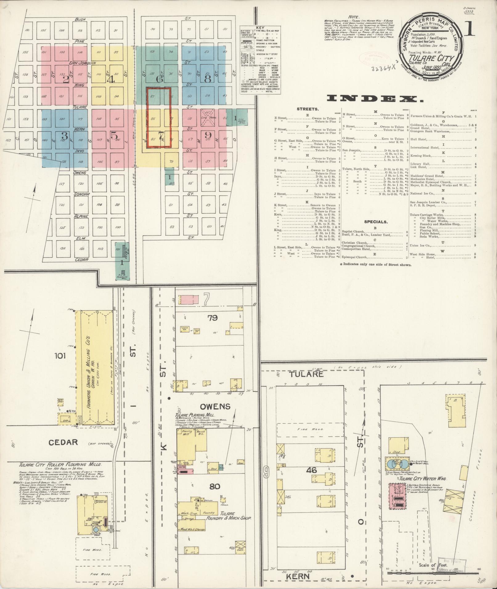 Sanborn Fire Insurance Map from Tulare, Tulare County, California (1892), Sheet #0001 - Complete Map Set gallery image, historic Sanborn map, vintage wall art, California California