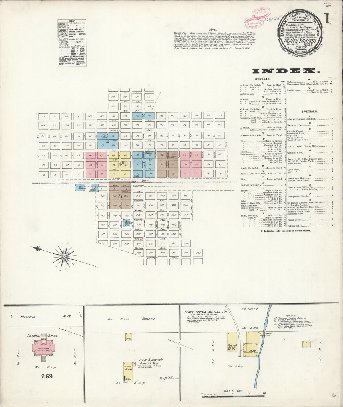 Sanborn Fire Insurance Map from North Yakima, Yakima County, Washington (1891), Sheet #0001 - Historic Sanborn Fire Insurance Map Print, vintage old map wall art, antique decor, genealogy gift, Washington Washington map