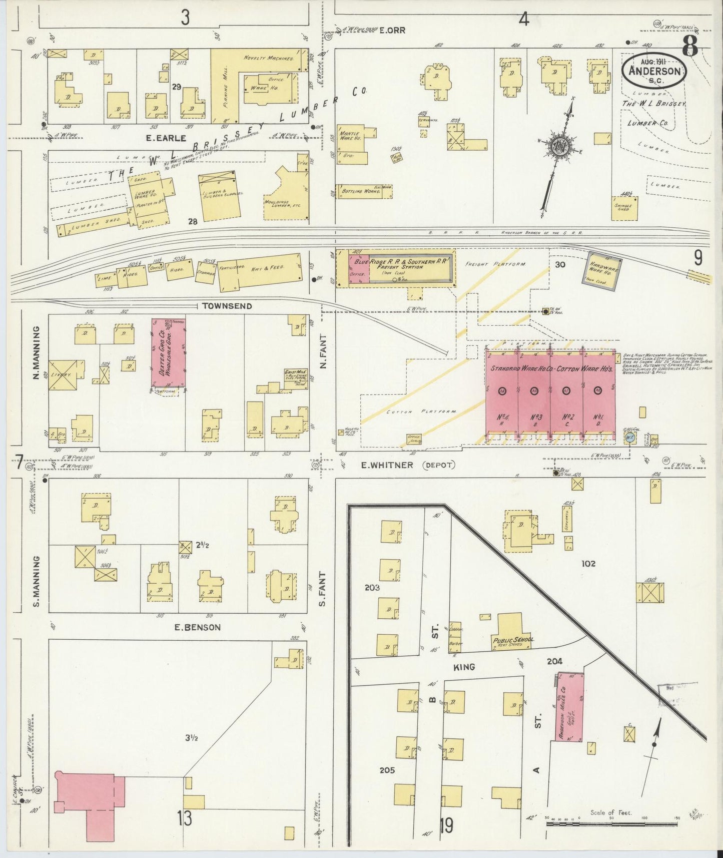 Sanborn Fire Insurance Map from Anderson, Anderson County, South Carolina (1911), Sheet #0008 - Complete Map Set gallery image, historic Sanborn map, vintage wall art, South Carolina South Carolina