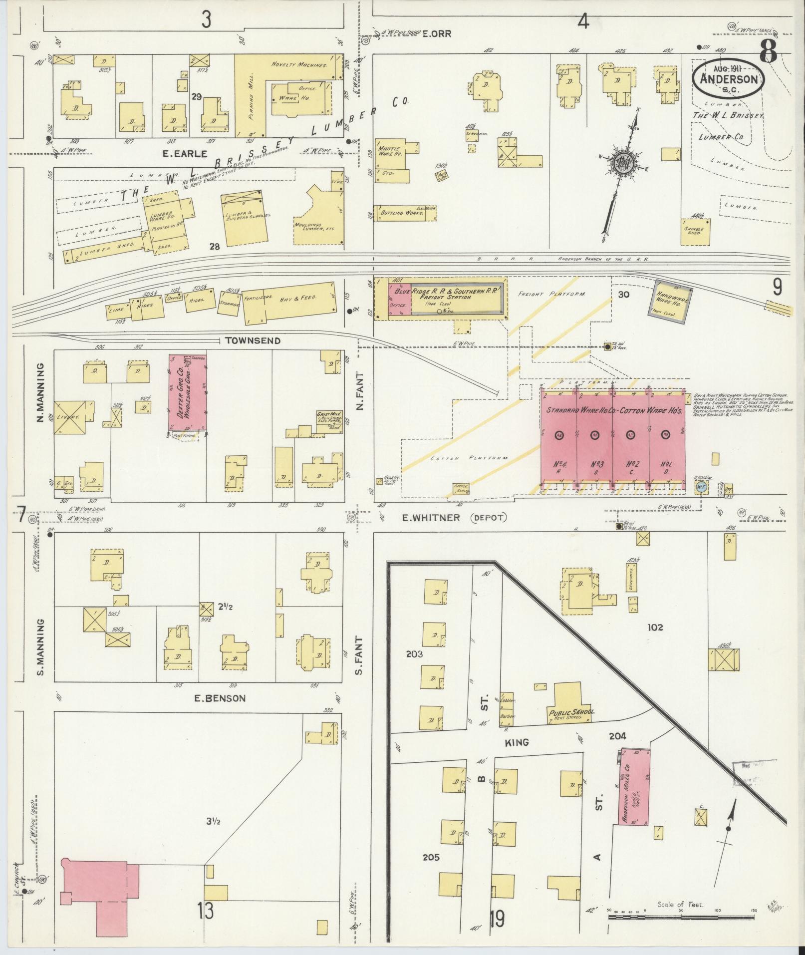 Sanborn Fire Insurance Map from Anderson, Anderson County, South Carolina (1911), Sheet #0008 - Complete Map Set gallery image, historic Sanborn map, vintage wall art, South Carolina South Carolina