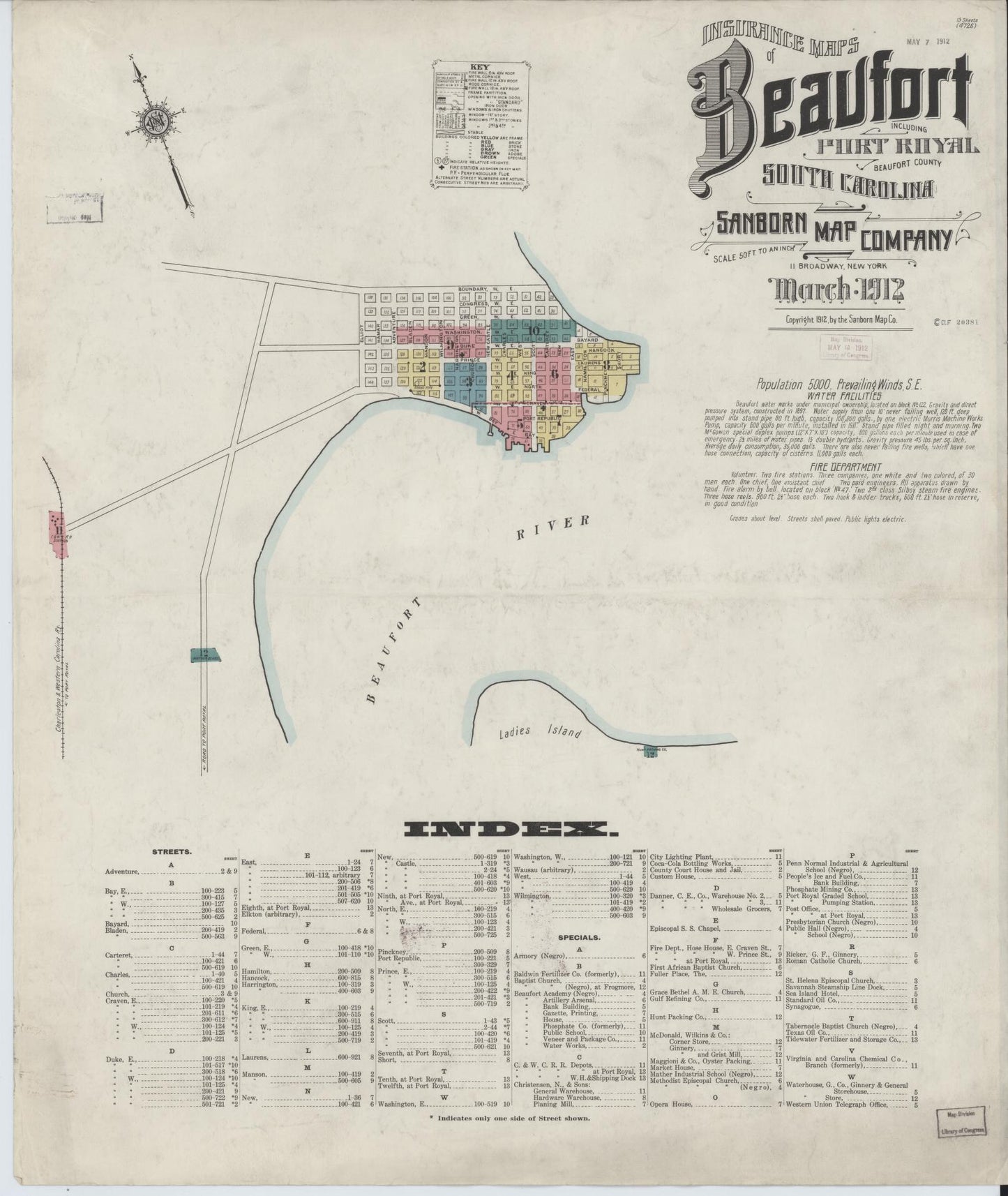 Sanborn Fire Insurance Map from Beaufort, Beaufort County, South Carolina (1912), Sheet #0001 - Historic Sanborn Fire Insurance Map Print, vintage old map wall art, antique decor, genealogy gift, South Carolina South Carolina map