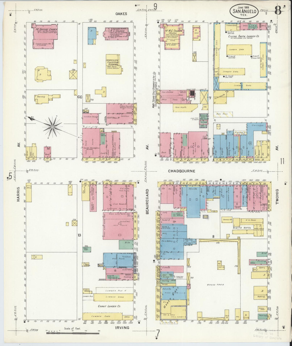Sanborn Fire Insurance Map from San Angelo, Tom Green County, Texas (1908), Sheet #0008 - Historic Sanborn Fire Insurance Map Print, vintage old map wall art, antique decor, genealogy gift, Texas Texas map