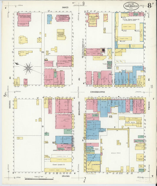 Sanborn Fire Insurance Map from San Angelo, Tom Green County, Texas (1908), Sheet #0008 - Historic Sanborn Fire Insurance Map Print, vintage old map wall art, antique decor, genealogy gift, Texas Texas map