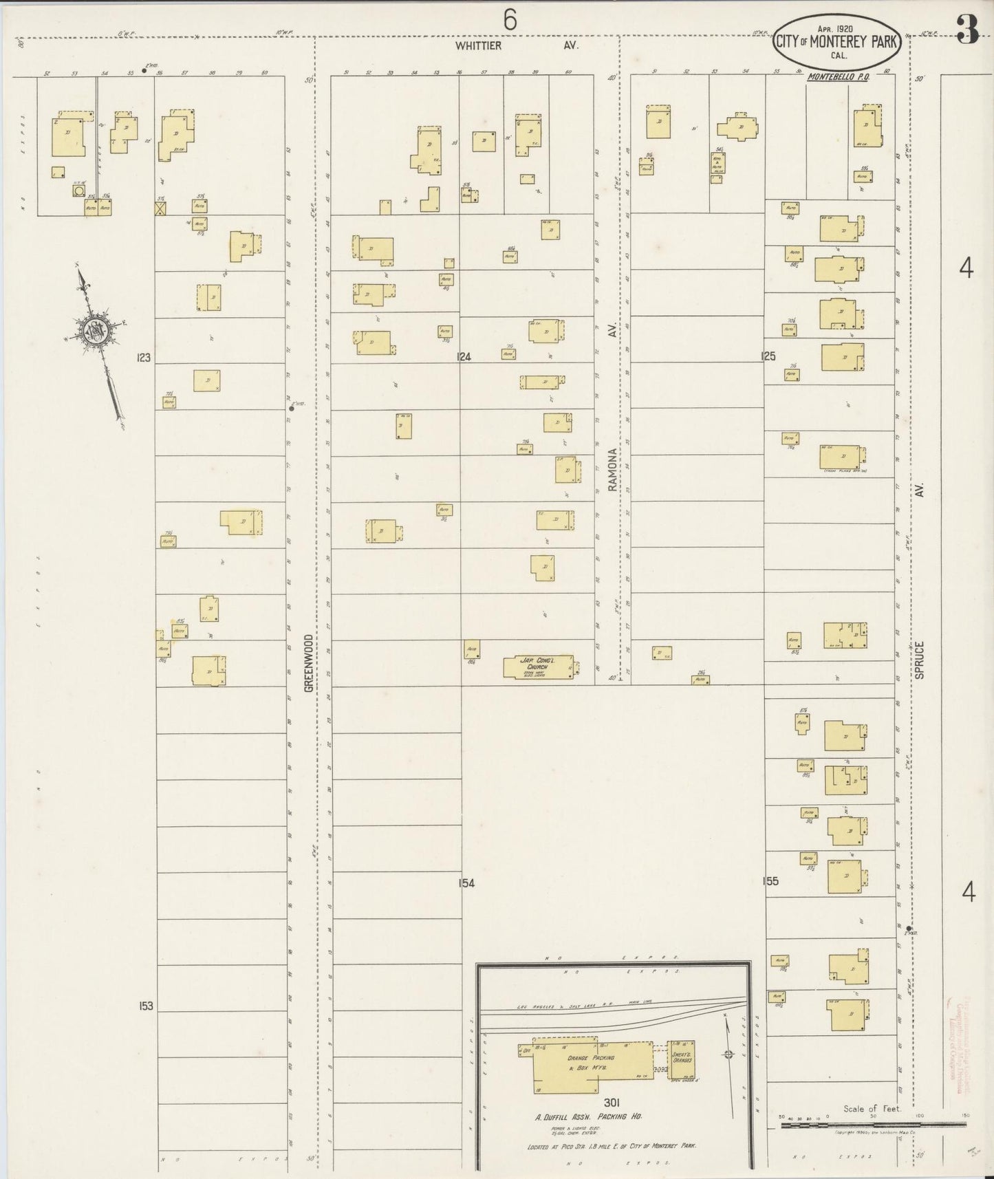 Sanborn Fire Insurance Map from Monterey Park, Los Angeles County, California (1920), Sheet #0003 - Complete Map Set gallery image, historic Sanborn map, vintage wall art, California California