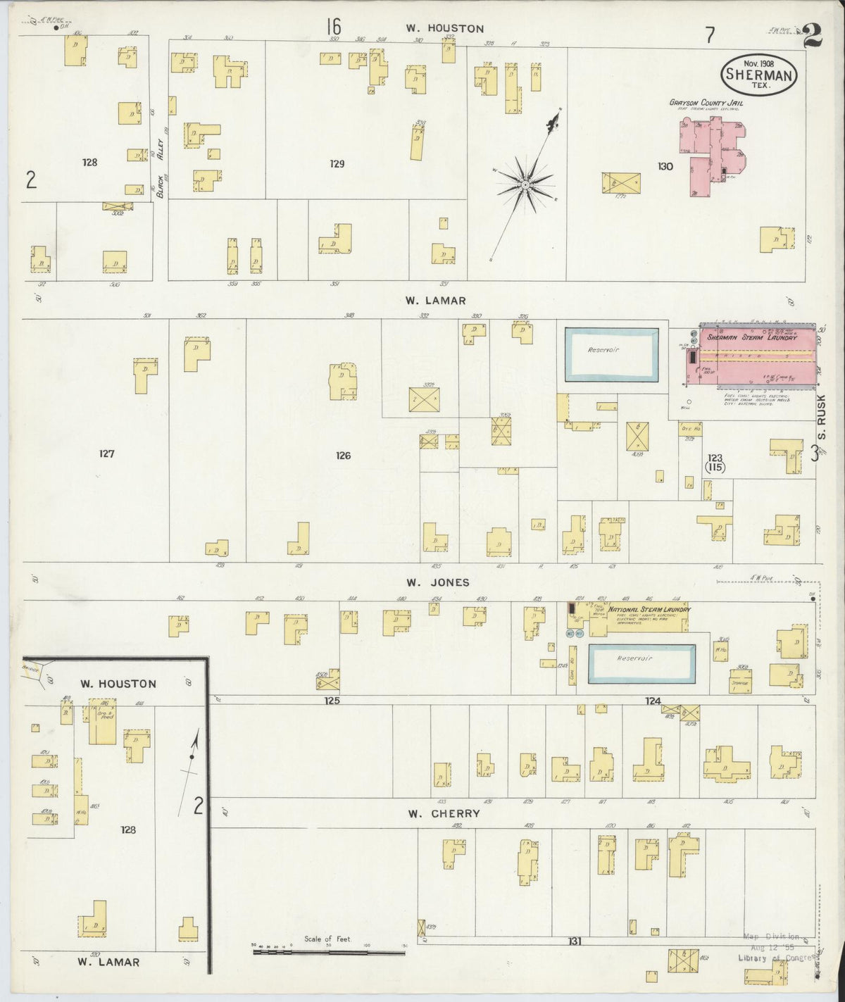 Sanborn Fire Insurance Map from Sherman, Grayson County, Texas (1908), Sheet #0002 - Complete Map Set gallery image, historic Sanborn map, vintage wall art, Texas Texas