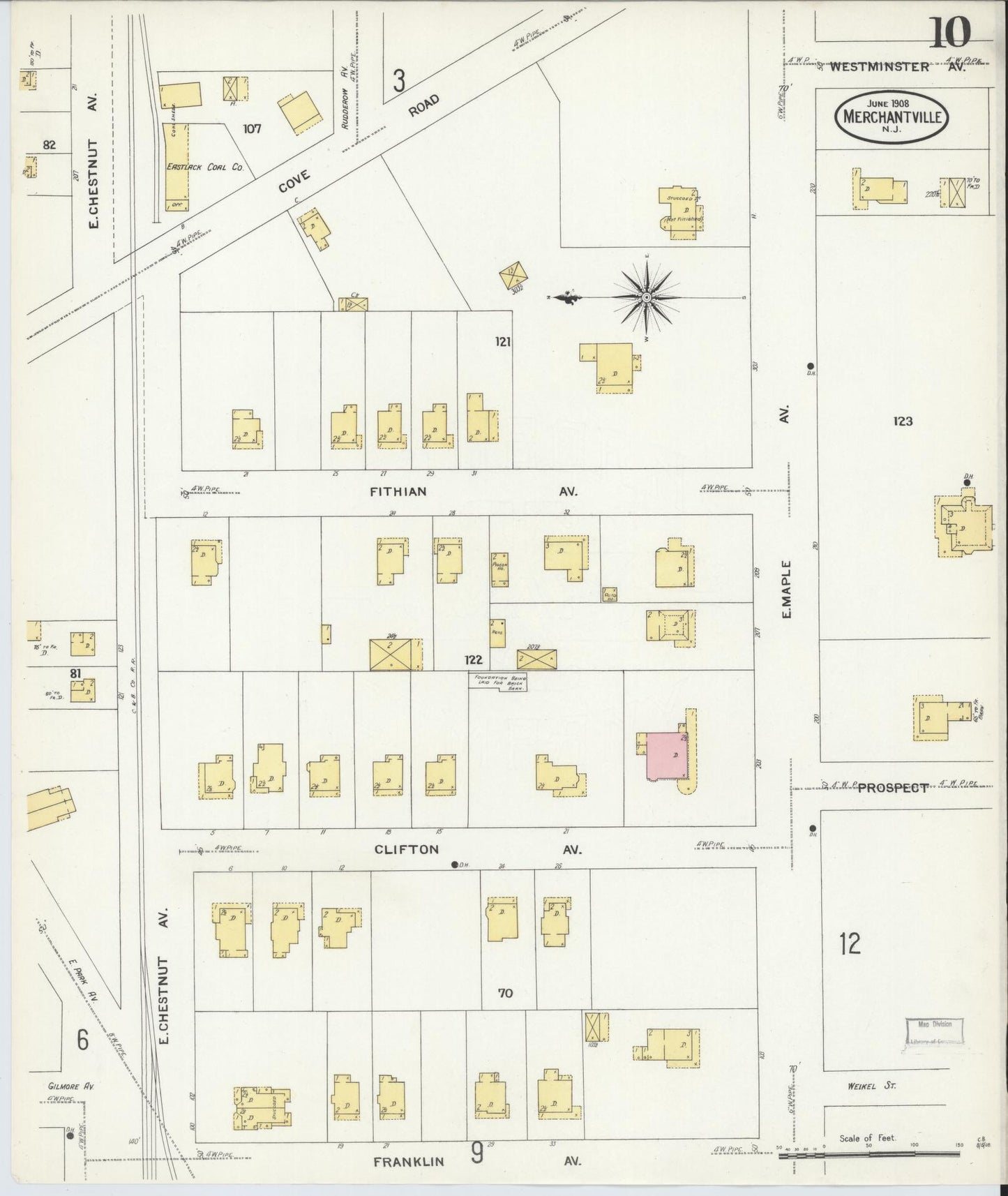 Sanborn Fire Insurance Map from Merchantville, Camden County, New Jersey (1908), Sheet #0010 - Historic Sanborn Fire Insurance Map Print, vintage old map wall art, antique decor, genealogy gift, New Jersey New Jersey map