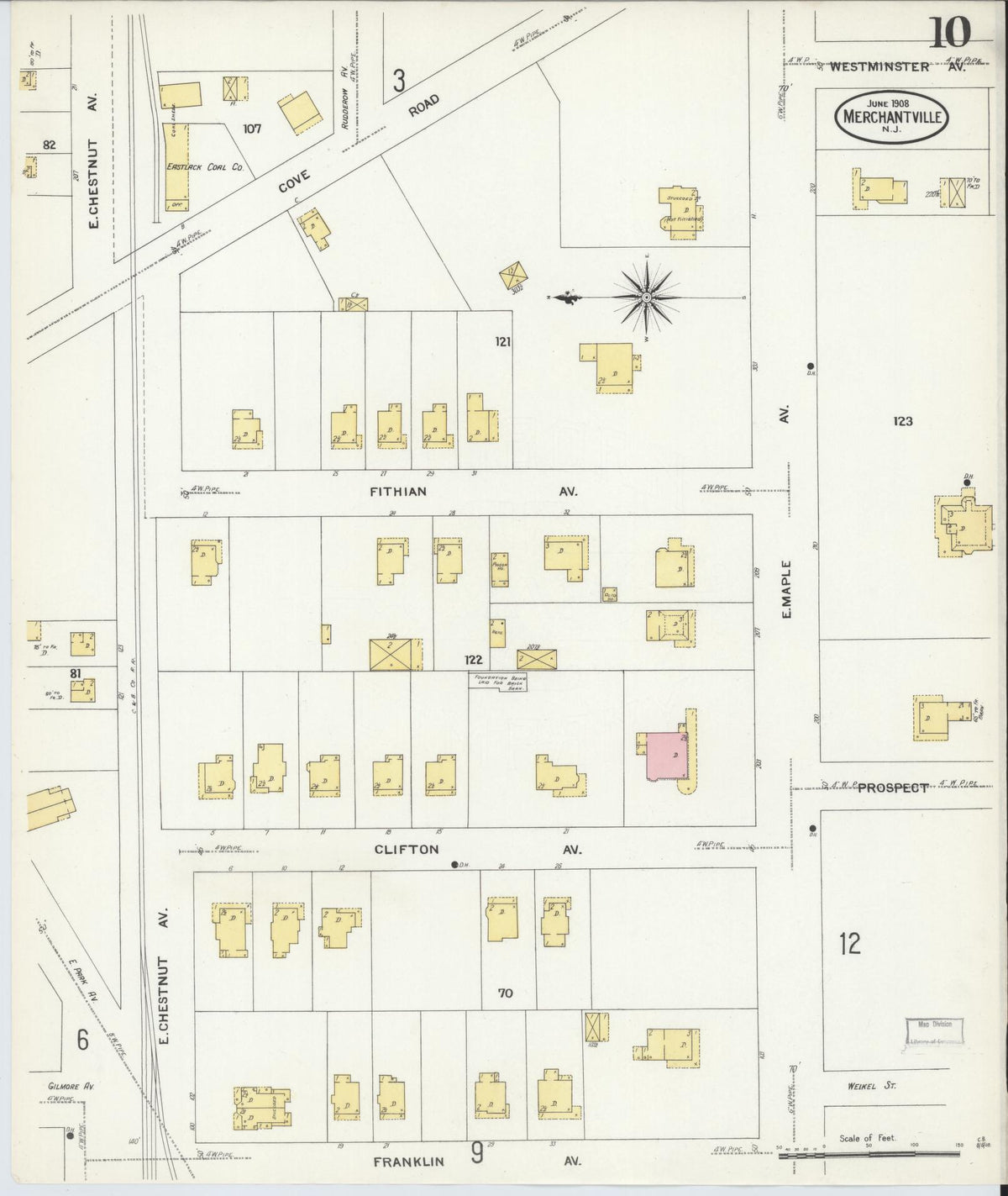 Sanborn Fire Insurance Map from Merchantville, Camden County, New Jersey (1908), Sheet #0010 - Historic Sanborn Fire Insurance Map Print, vintage old map wall art, antique decor, genealogy gift, New Jersey New Jersey map