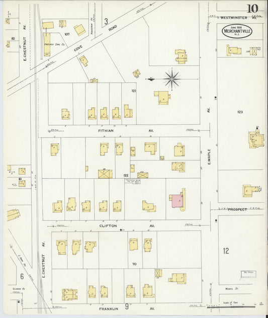 Sanborn Fire Insurance Map from Merchantville, Camden County, New Jersey (1908), Sheet #0010 - Historic Sanborn Fire Insurance Map Print, vintage old map wall art, antique decor, genealogy gift, New Jersey New Jersey map