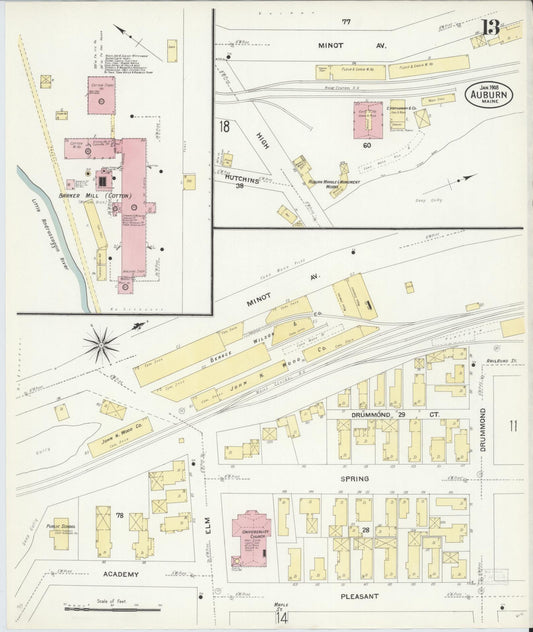 Sanborn Fire Insurance Map from Auburn, Androscoggin County, Maine (1908), Sheet #0013 - Historic Sanborn Fire Insurance Map Print, vintage old map wall art, antique decor, genealogy gift, Maine Maine map