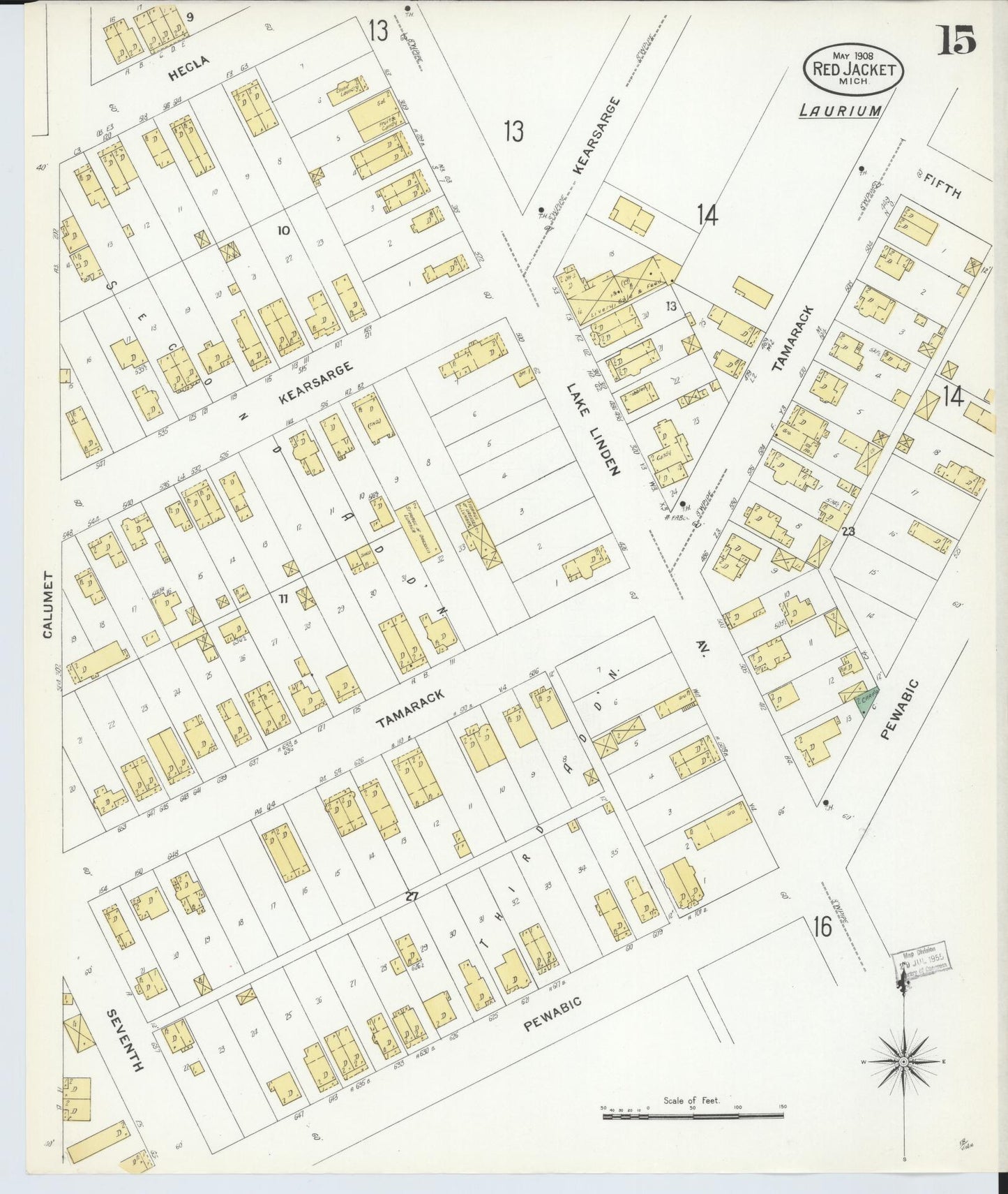 Sanborn Fire Insurance Map from Red Jacket, Houghton County, Michigan (1908), Sheet #0015 - Historic Sanborn Fire Insurance Map Print, vintage old map wall art, antique decor, genealogy gift, Michigan Michigan map