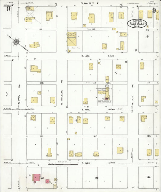 Sanborn Fire Insurance Map from Pauls Valley, Garvin County, Oklahoma (1923), Sheet #0009 - Historic Sanborn Fire Insurance Map Print, vintage old map wall art, antique decor, genealogy gift, Oklahoma Oklahoma map