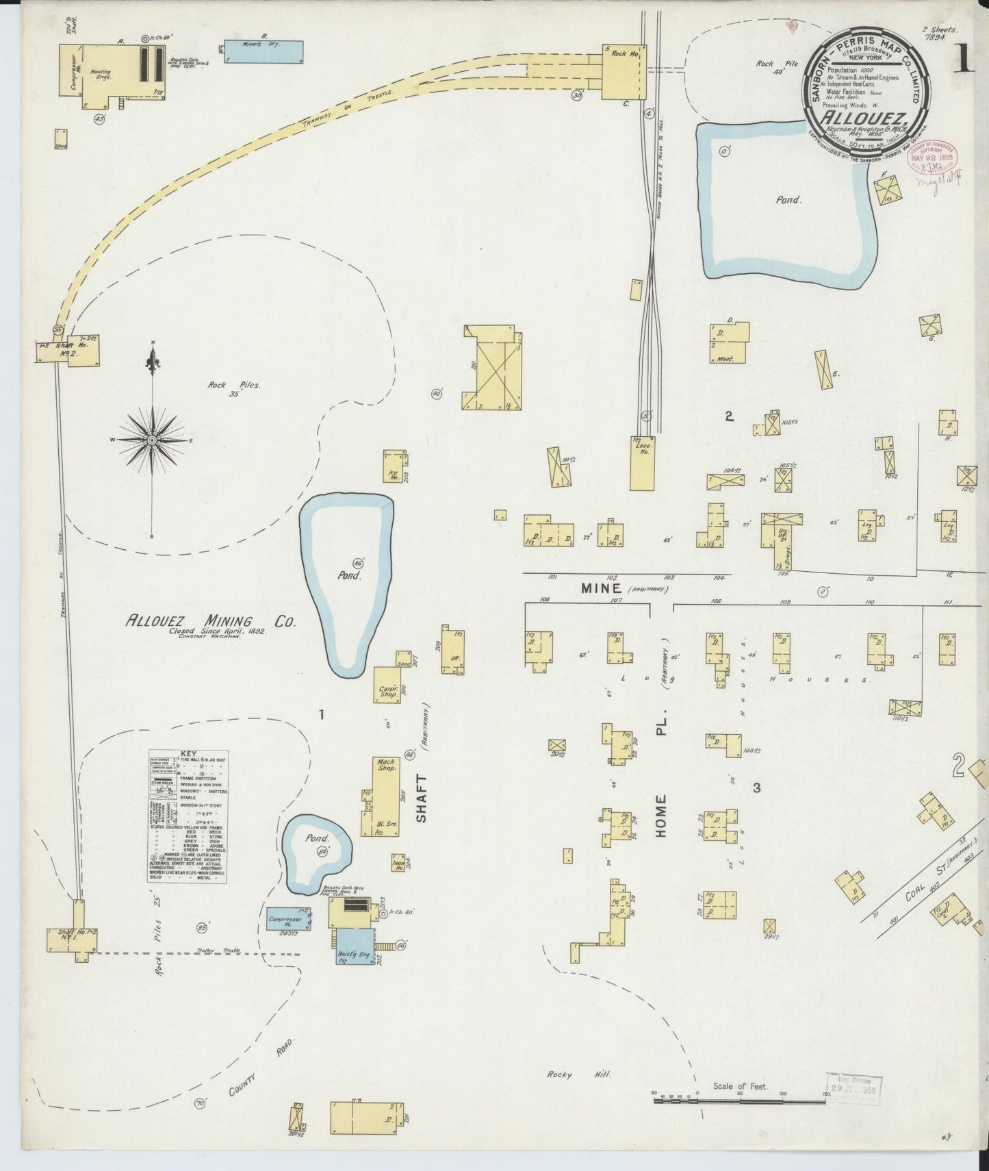 Sanborn Fire Insurance Map from Allouez, Keweenaw And Houghton Counties, Michigan (1895), Sheet #0001 - Historic Sanborn Fire Insurance Map Print, vintage old map wall art, antique decor, genealogy gift, Michigan Michigan map
