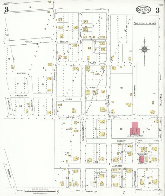 Sanborn Fire Insurance Map from Conroe, Montgomery County, Texas (1923), Sheet #0003 - Historic Sanborn Fire Insurance Map Print, vintage old map wall art, antique decor, genealogy gift, Texas Texas map