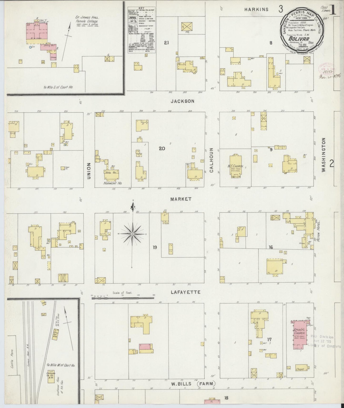 Sanborn Fire Insurance Map from Bolivar, Hardeman County, Tennessee (1896), Sheet #0001 - Complete Map Set gallery image, historic Sanborn map, vintage wall art, Tennessee Tennessee